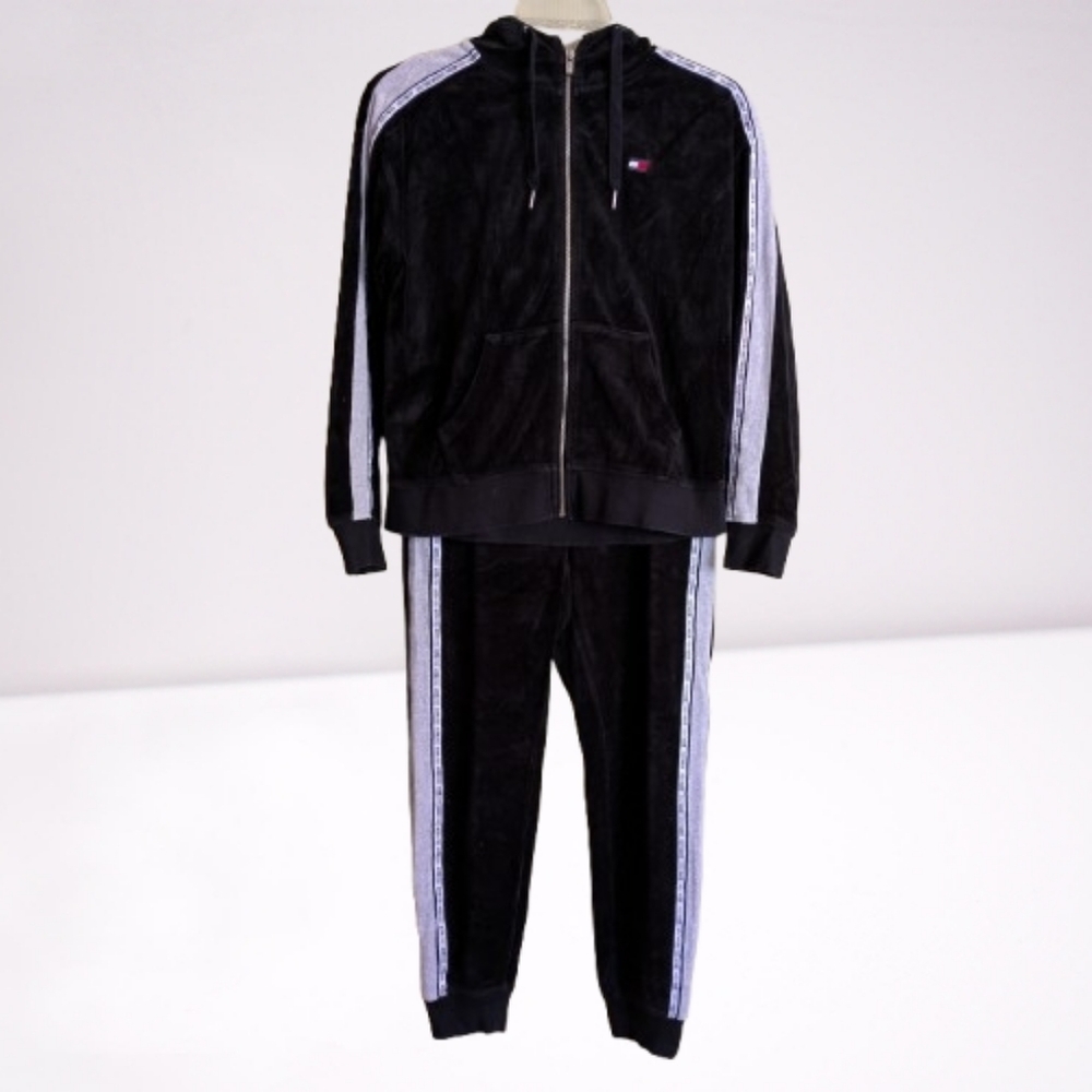 Tommy Hilfiger Black Velour Velvet Hoodie Tracksuit Side White & Gray Stripes